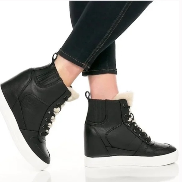 Indigo Shoes - Indigo Rd NEW Dyor Hidden Wedge Sneakers Faux Fur High Top Bootie Black-SIZE 7.5